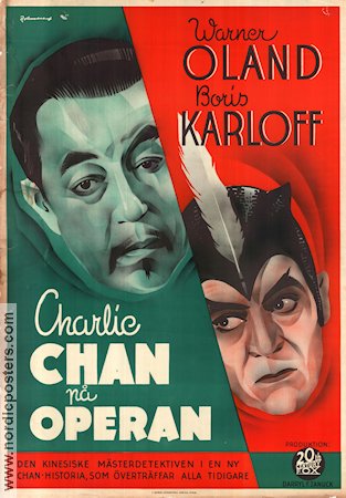 Charlie Chan på operan 1937 poster Warner Oland Boris Karloff Charlie Chan Eric Rohman art