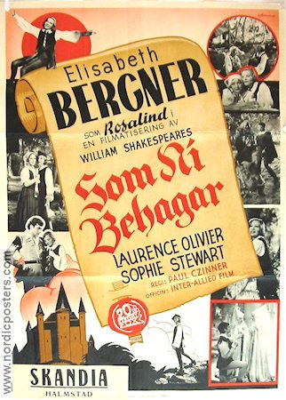 Som ni behagar 1936 poster Laurence Olivier Elisabeth Bergner Text: William Shakespeare
