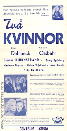 Två kvinnor 1947 poster Eva Dahlbeck Cecile Ossbahr Gunnar Björnstrand Arnold Sjöstrand