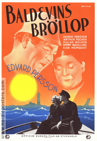 Baldevins bröllop 1938 poster Edvard Persson Arthur Fischer Dagmar Ebbesen Gideon Wahlberg Skepp och båtar Skärgård Eric Rohman art