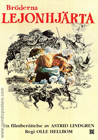 Bröderna Lejonhjärta 1977 poster Lars Söderdahl Staffan Götestam Allan Edwall Olle Hellbom Text: Astrid Lindgren