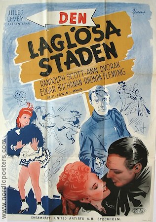 Den laglösa staden 1948 poster Randolph Scott Ann Dvorak Eric Rohman art