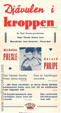 Djävulen i kroppen 1947 poster Micheline Presle Gérard Philipe Denise Grey Claude Autant-Lara