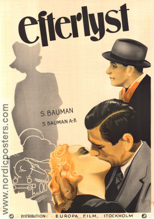 Efterlyst 1938 poster Thor Modéen Edvin Adolphson Birgit Rosengren Schamyl Bauman Tåg Eric Rohman art