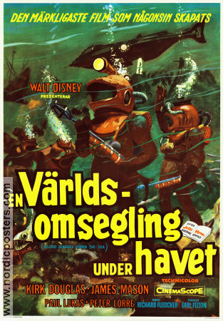 En världsomsegling under havet 1954 poster Kirk Douglas James Mason Peter Lorre Richard Fleischer Dykning Fiskar och hajar