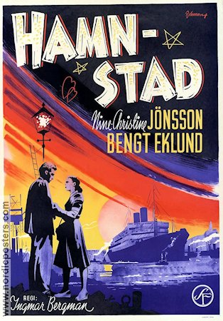 Hamnstad 1948 poster Nine-Christine Jönsson Bengt Eklund Mimi Nelson Ingmar Bergman Eric Rohman art Skepp och båtar