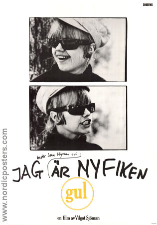 Jag är nyfiken gul 1967 poster Lena Nyman Börje Ahlstedt Peter Lindgren Marie Göranzon Vilgot Sjöman Affischkonstnär: Bengt Serenander Filmbolag: Sandrews Kultfilmer Politik Glasögon