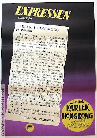 Kärlek i Hong Kong 1960 poster William Holden Nancy Kwan Sylvia Syms Richard Quine Asien Tidningar