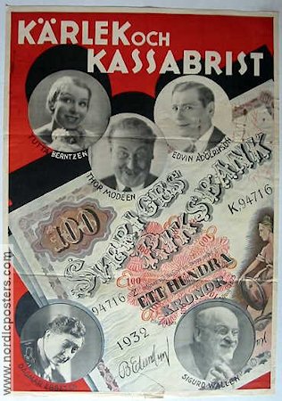 Kärlek och kassabrist 1932 poster Tutta Rolf Tutta Berntzen Thor Modéen Edvin Adolphson Dagmar Ebbesen Sigurd Wallén Pengar