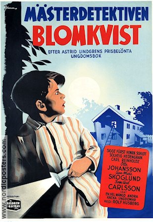 Mästerdetektiven Blomkvist 1947 poster Olle Johansson Ann-Marie Skoglund Sven-Axel Carlsson Sigge Fürst Rolf Husberg Text: Astrid Lindgren Poliser Eric Rohman art