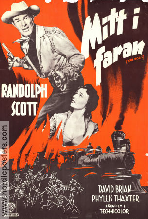 Mitt i faran 1951 poster Randolph Scott Phyllis Thaxter David Brian Edwin L Marin Tåg