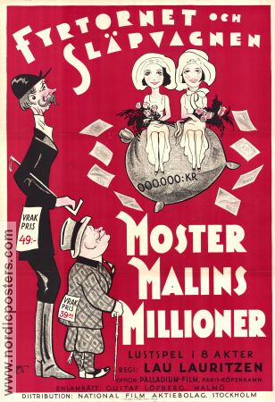 Moster Malins millioner 1929 poster Carl Schenström Harald Madsen Marguerite Viby Fy og Bi Fyrtornet och Släpvagnen Lau Lauritzen Danmark Pengar