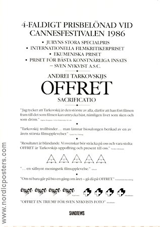 Offret 1986 poster Erland Josephson Susan Fleetwood Andrei Tarkovsky Foto: Sven Nykvist