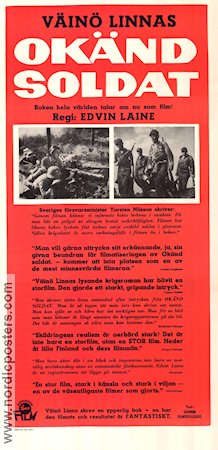 Okänd soldat 1955 poster Kosti Klemelä Heikki Savolainen Edvin Laine Text: Väinö Linna Krig Finland