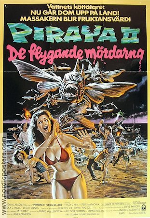 Piraya 2 1982 poster Tricia O´Neil Lance Henriksen James Cameron Fiskar och hajar Strand