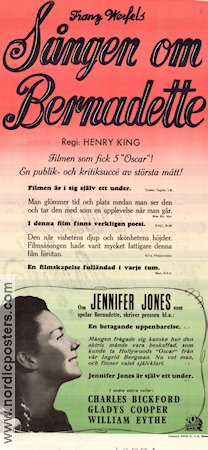 Sången om Bernadette 1943 poster Jennifer Jones Charles Bickford William Eythe Henry King