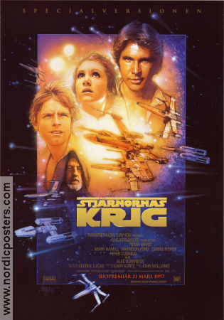 Stjärnornas krig 1977 poster Mark Hamill Harrison Ford Carrie Fisher Alec Guinness Peter Cushing George Lucas Affischkonstnär: Drew Struzan Hitta mer: Star Wars