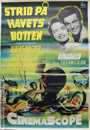 Strid på havets botten 1954 poster Robert Wagner Terry Moore Fiskar och hajar Dykning