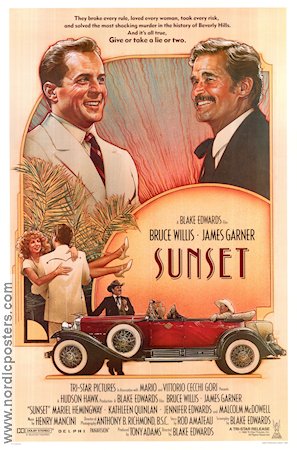 Sunset 1988 poster Bruce Willis James Garner Malcolm McDowell Blake Edwards Bilar och racing