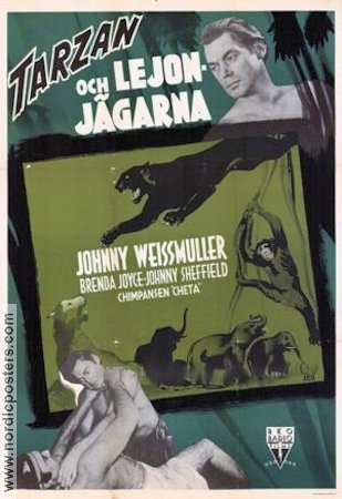 Tarzan och lejonjägarna 1947 poster Johnny Weissmuller Brenda Joyce Johnny Sheffield Kurt Neumann Hitta mer: Tarzan