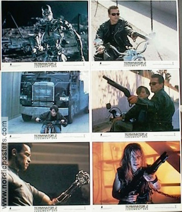 Terminator 2 1991 lobbykort Arnold Schwarzenegger Linda Hamilton Edward Furlong Robert Patrick Earl Boen James Cameron Motorcyklar Vapen