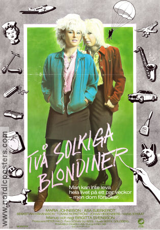 Två solkiga blondiner 1984 poster Maria Johnsson Åsa Bjerkerot Sebastian Håkansson Birgitta Svensson Fallskärm