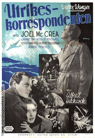 Utrikeskorrespondenten 1940 poster Joel McCrea Laraine Day Herbert Marshall Alfred Hitchcock Eric Rohman art